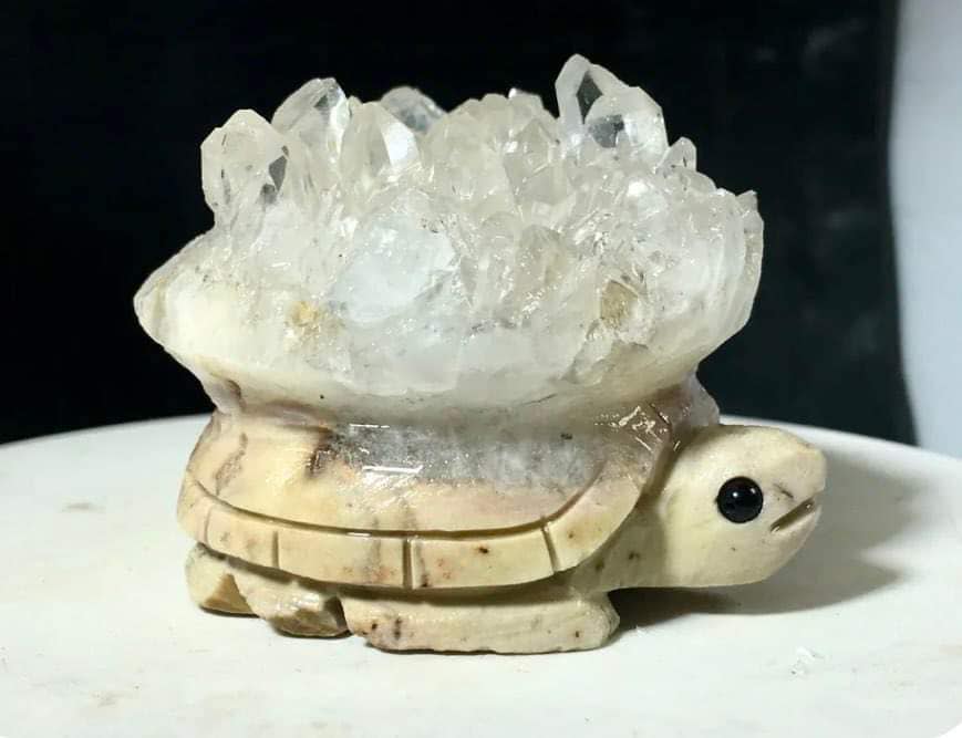 A decorative carved white turtle with clear crystals on top of the turtle shell