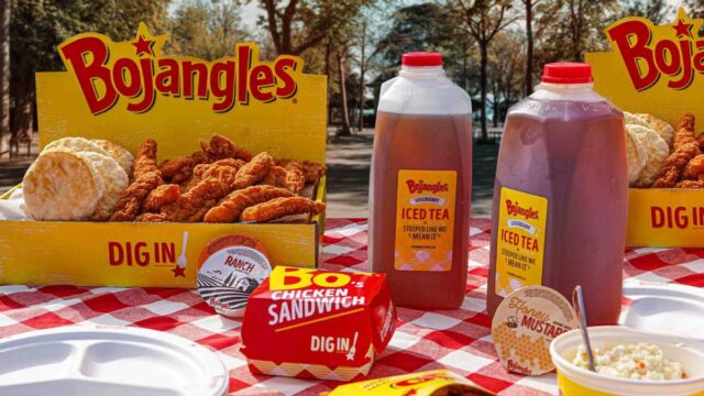 Chicken fingers, biscuits, French fires, cole slaw and plastic jugs of iced tea from Bojangles displayed on a picnic table with a red checked tablecloth