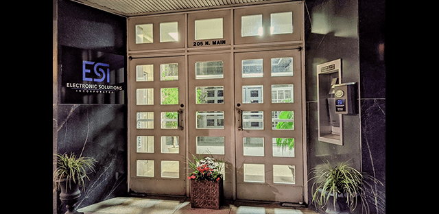 Doors with paned windows in a store entrance