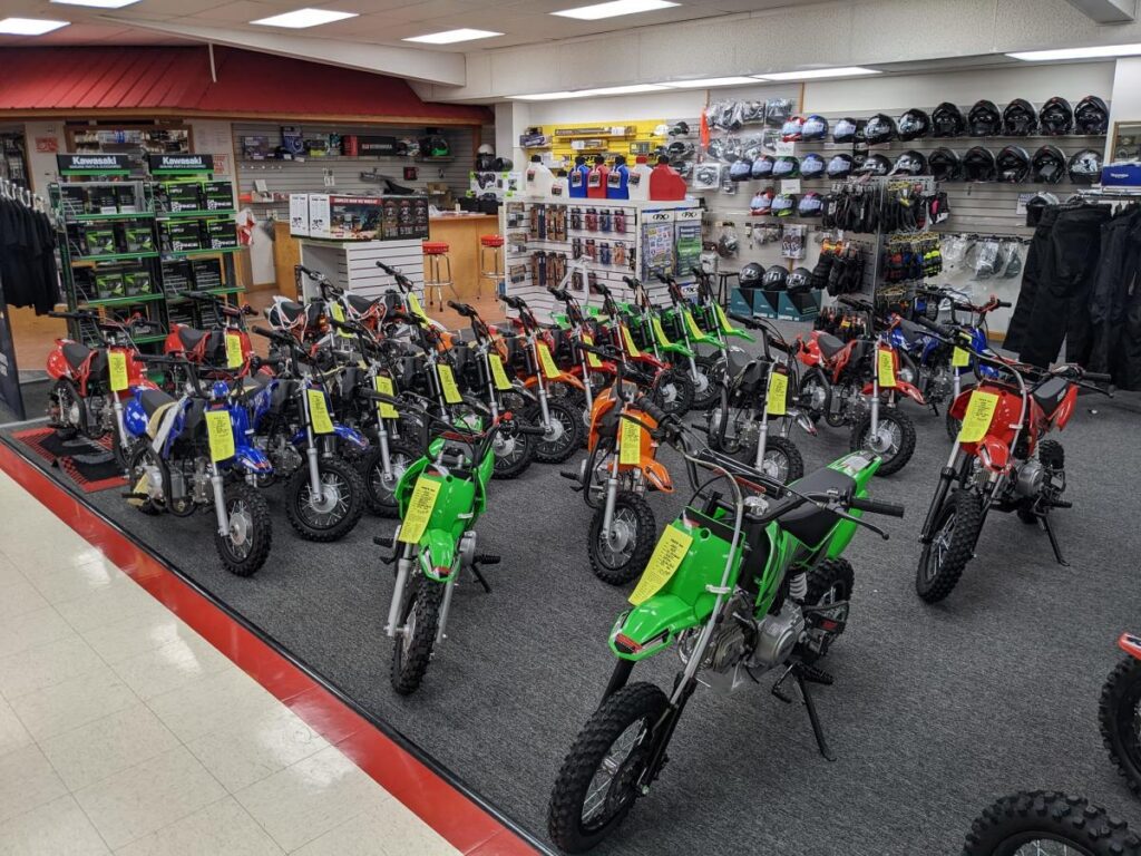 A display of motorcycles inside a store