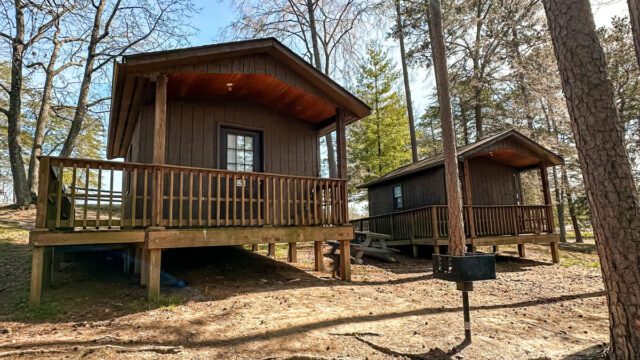 Two small brown wooden cabins with porches standing side by side in a forested area