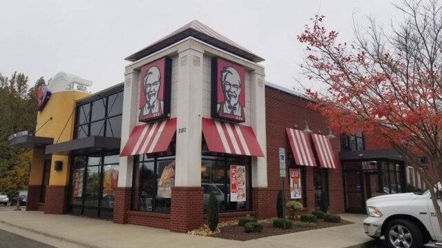 The exterior of Kentucky Fried Chicken and Taco Bell restaurants