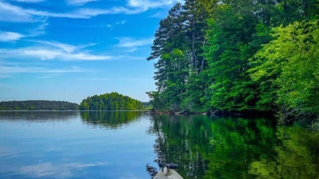 The tip of a kayak on a lake surrounded by green trees