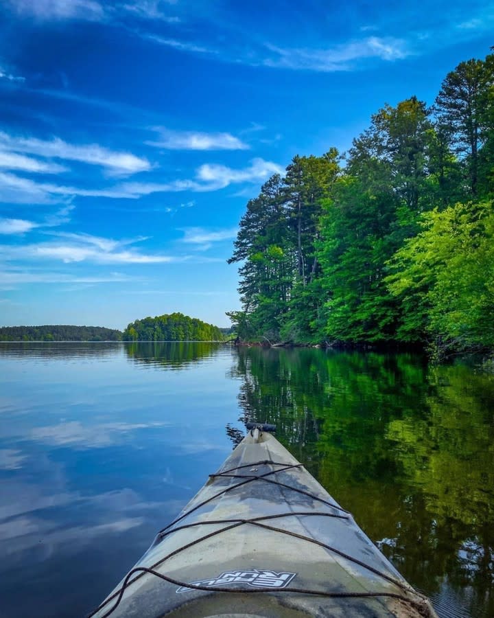 The tip of a kayak on a lake surrounded by green trees